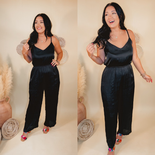 Out For The Night Crinkle Satin Jumpsuit - Black