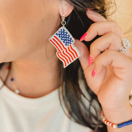 American Flag Seed Beaded Earrings