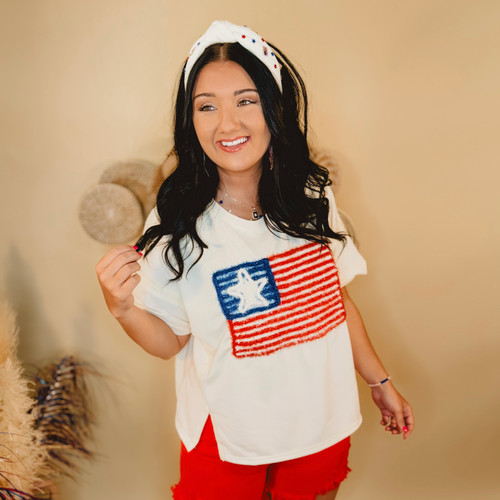 America Flag Embroidered Top - Cream