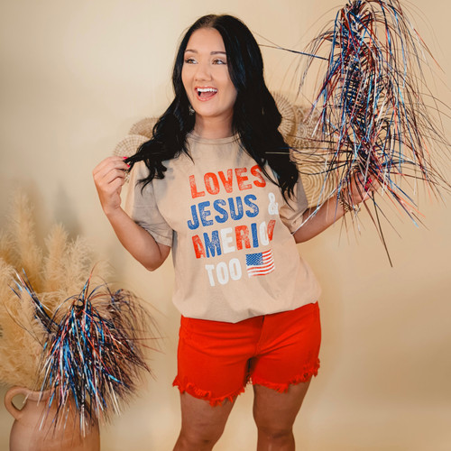 Loves Jesus & America Too Graphic Tee - Mineral Taupe