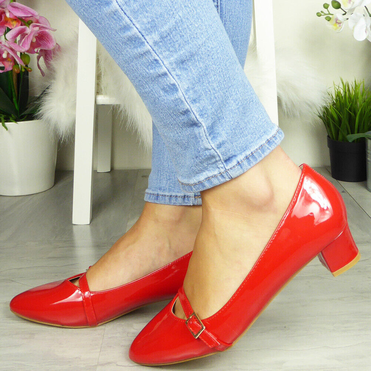 Red party shoes low on sale heel