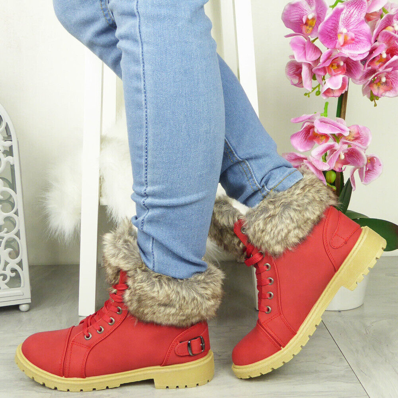 red lace up winter boots