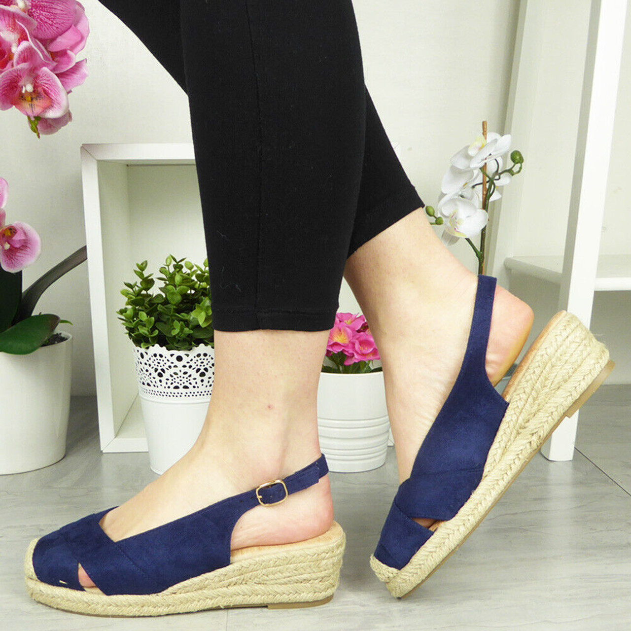 MERISO Navy Wedge Summer Buckle Sandals