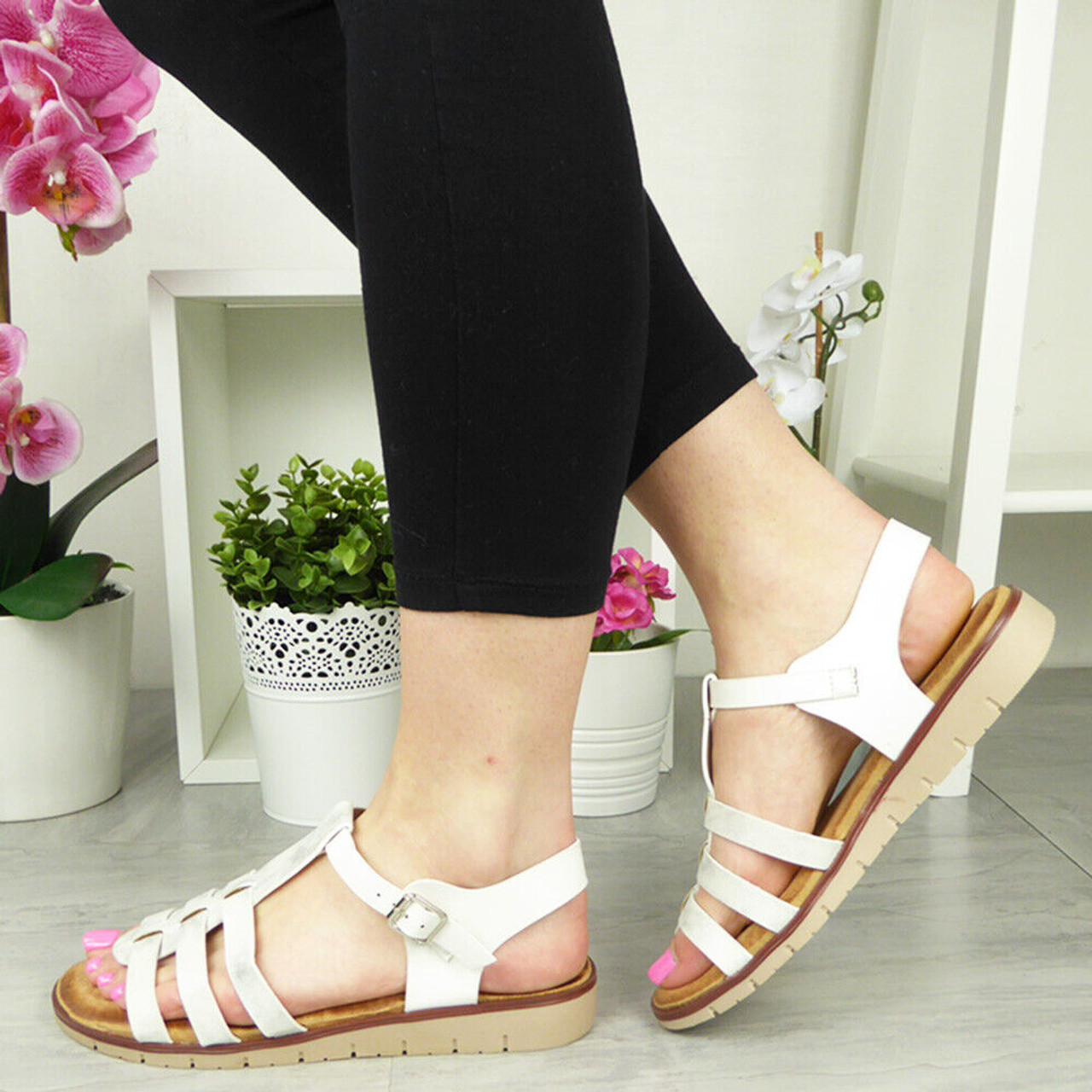 MILLIE White Casual Buckle Cushioned Soft Summer Shoes