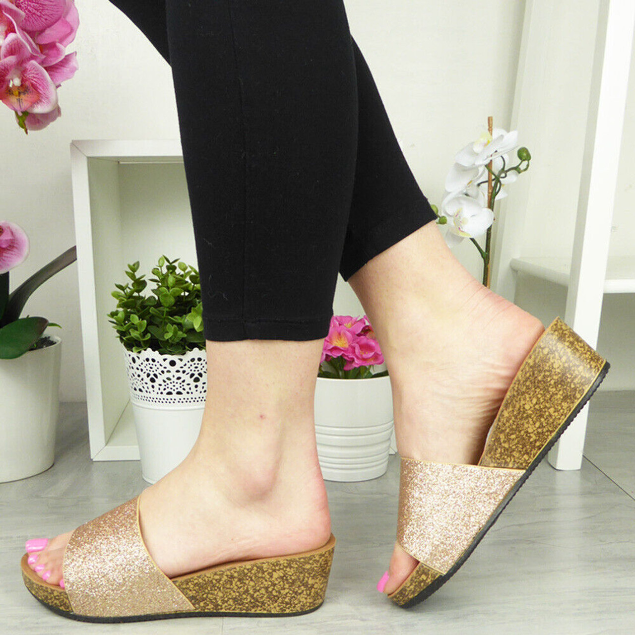 KATIE Gold Mules Wedge Sliders Glitter Shoes