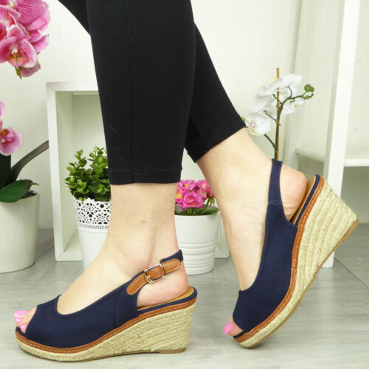 SOPHIA Navy Wedges Hessian Peep Toe Sandals