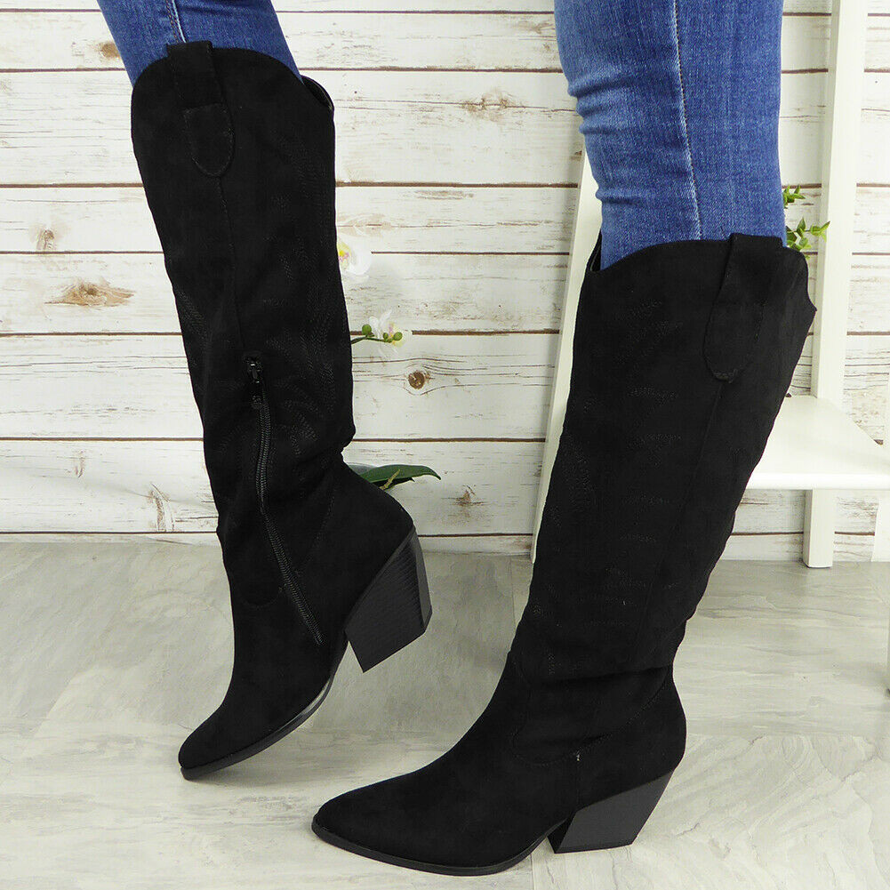 JOSIE Black Cowboy Wide Mid Calf Boots