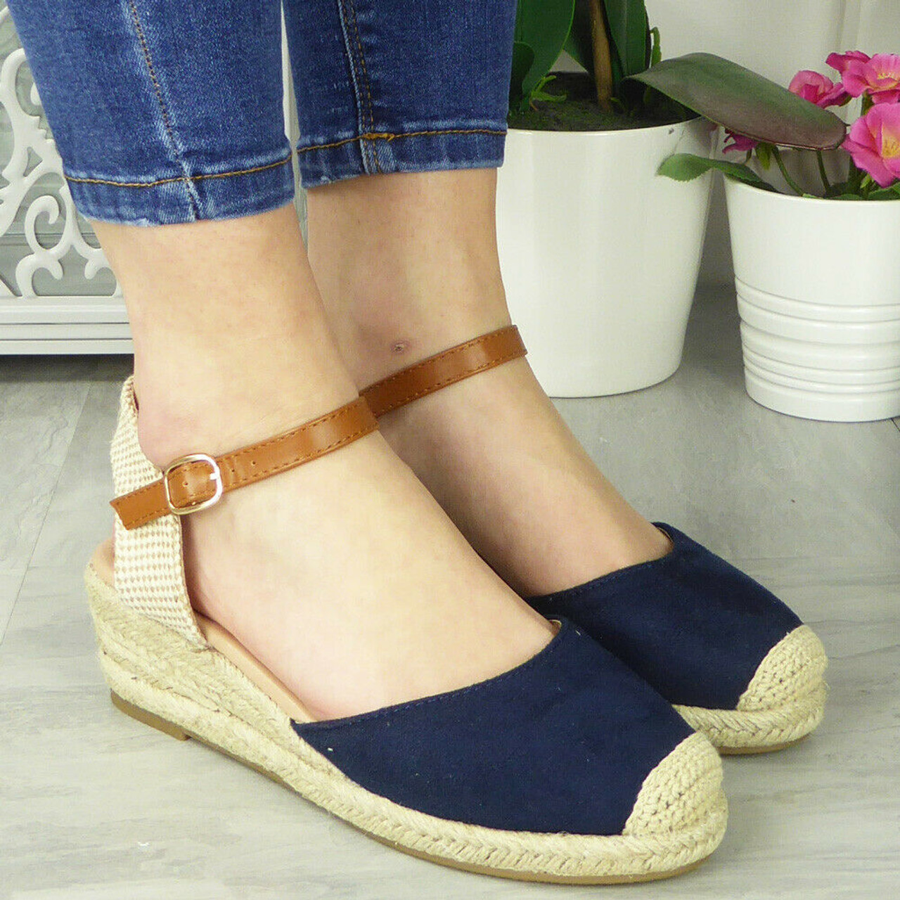 PRINCESS Navy Hessian Buckle Closed Toe Sandals