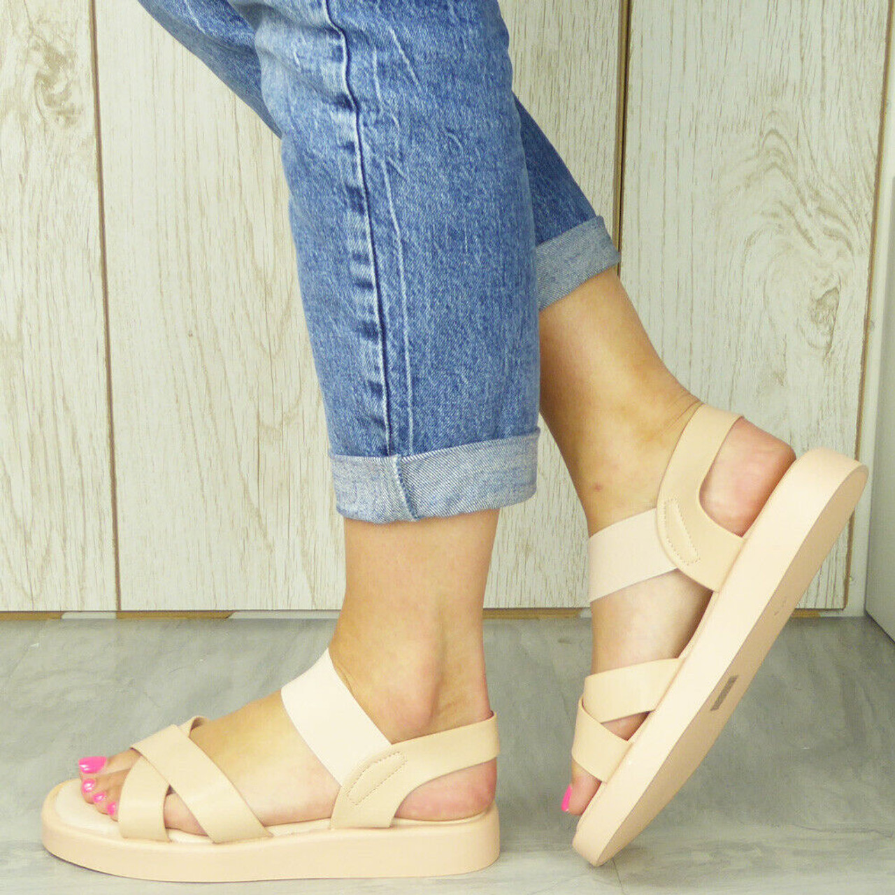 ELAN Beige Summer Flatform Elastic Sandals