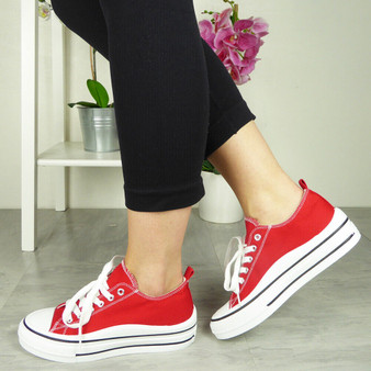 MANDELA Red Trainers Canvas Lace Up Shoes