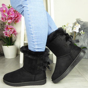 KATHRIN Black Ankle Elastic Faux Fur Boots