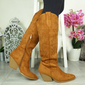 JOSIE Camel Cowboy Wide  Mid Calf Boots 