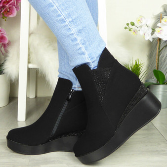 BENZINE Black Ankle Platform Wedge Zip Boots