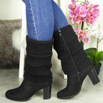 MONATIKA Black Mid Calf High Heel Zip boots