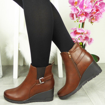 ENOLA Brown Ankle Wedge Warm Zip Boots