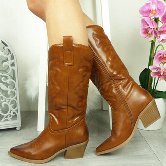 MISHILA Camel Mid Calf Cowboy Western Zip Boots