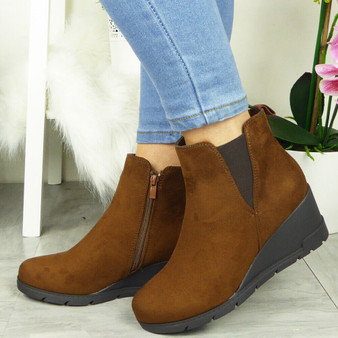 JESOFIA Brown Suede Ankle Wedge Chelsea Zip Boots