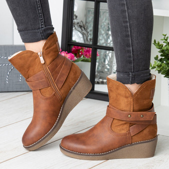 KILAH Camel Wedge Heel Work Zip Ankle  Boots