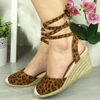 HARLIN Leopard Strappy Tie Up Wedges Sandals