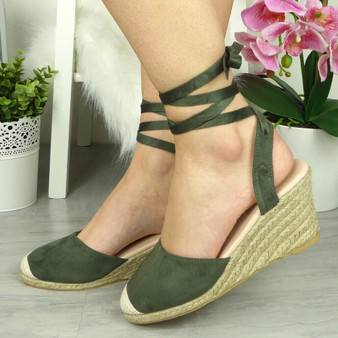 HARLIN Olive Strappy Tie Up Wedges Sandals