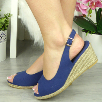 JOSSIE Navy Slingback Canvas Wedges Sandals 