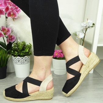 LIZDO Black Elastic Hessian Wedge Sandals