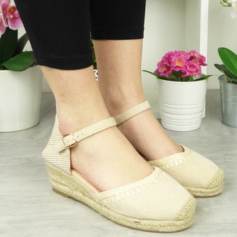 Emberlynn Beige Wedges Hessian Closed Toe Sandals