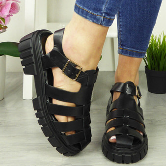 ERICA Black Gladiator Chunky Heel Sandals