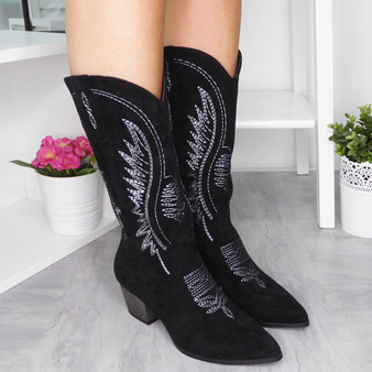 LEBLINA Black Mid Calf Cowboy Pointy Zip Boots