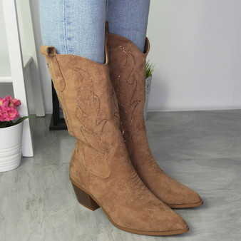 AMARY Camel Cowboy Mid Calf Pointy Zip Boots