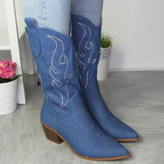 AMARY Jean Cowboy Mid Calf Pointy Zip Boots