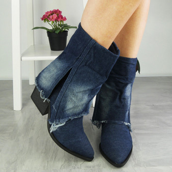 ALENA Blue Ankle Denim Mid Calf Lined Zip Boots