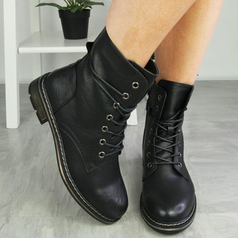 MORRI Black Ankle Warm Lined Zip Lace Up Army Boots