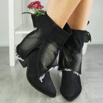 ALENA Black Ankle Denim Mid Calf Lined Zip Boots