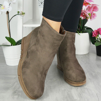 ROSEI Khaki Ankle Wedge Lined Zip Boots 