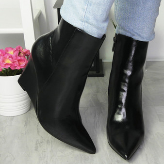 ALIZAY Black Ankle Wedge Night Party Boots 