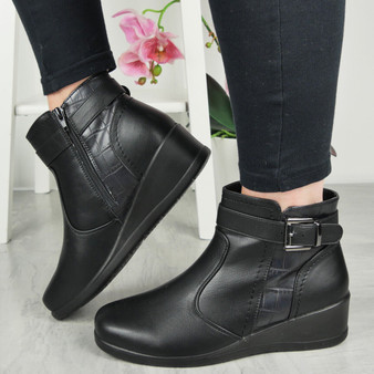 HELEANA Black Ankle Wedge School Work Zip Boots