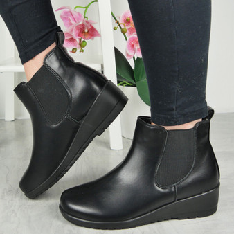 KEIRA Black Ankle Wedge School Work Zip Boots 