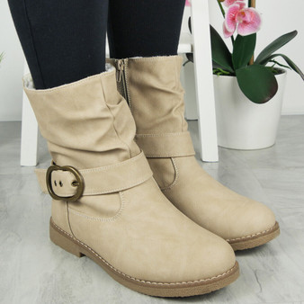 LEXI Khaki Faux Fur Zip Nubuck Ankle Boots 