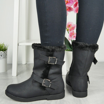 MARTHA Black Winter Faux Fur Zip Nubuck Ankle Boots 