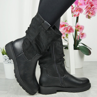 CIELO Black Rouched Grip Lined Zip Mid Calf Boots