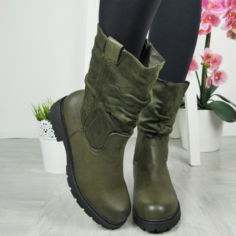 CIELO Green Rouched Grip Lined Zip Mid Calf Boots