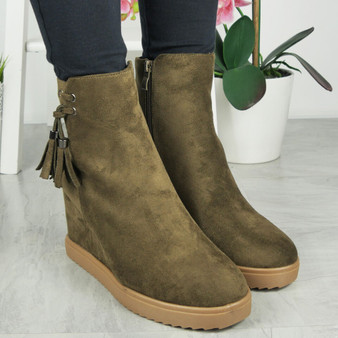 CARLY Green Comfy Tassle Heel Zip Ankle Boots