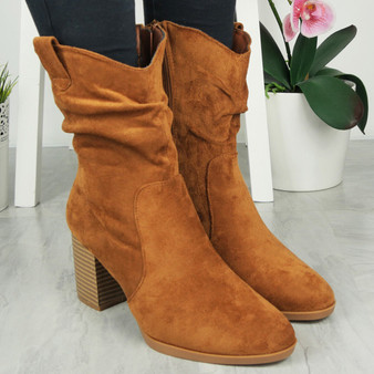 MELISSA Camel Rouched Zip Mid Calf Cowboy Boots