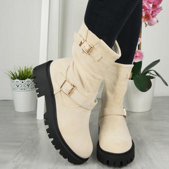 ROWYN Beige Chunky Heel Platform Zip Biker Boots