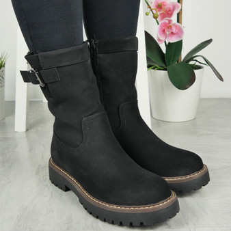 ENA Black Faux Fur Lined Platform Zip Biker Boots