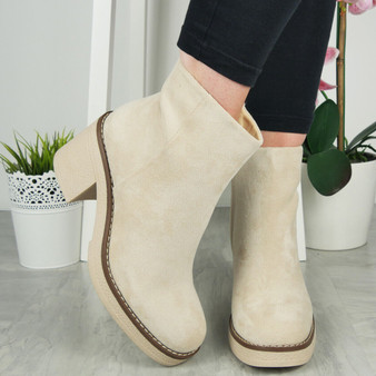 NOWA Beige Faux Suede Platform Zip Ankle Boots