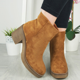 NOWA Camel Faux Suede Platform Zip Ankle Boots