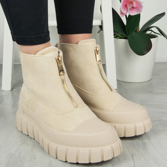 CECILIA Beige Trainers Platform Zip Ankle Boots