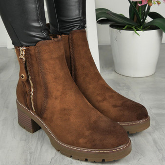 CLOVER Brown Ankle Platform Lined Zip Boots 